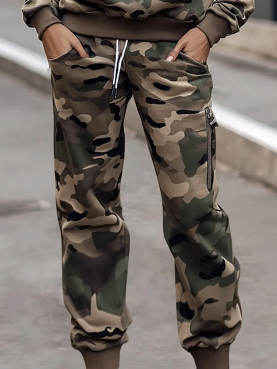 【24-hour shipping】Fashion Retro Camouflage Hooded Pocket Sweatshirt and Pants Two-piece Set