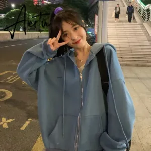 Zip up Women Korean Style hoodies For Girls Top Vintage Solid Long Sleeve Oversized Hooded Sweatshirt Jacket Casual Large Coats